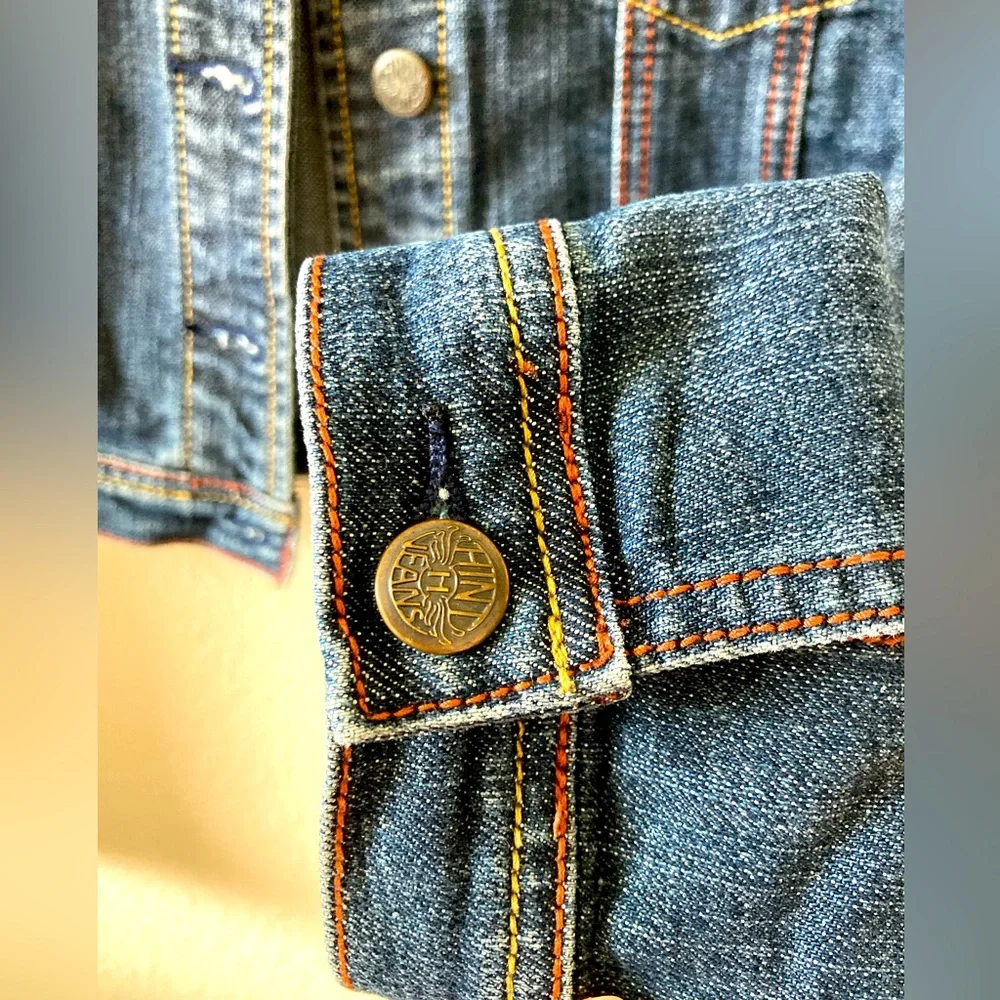 Cropped denim jacket w/ small edgy studs. Red & yellow stitching. Distressed - Picture 9 of 11